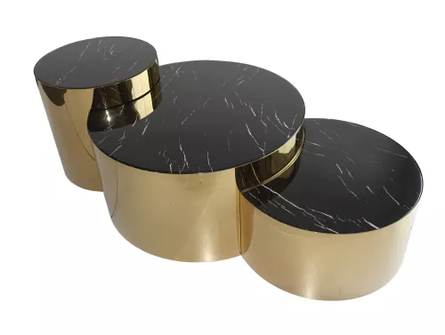  Stainless steel Coffee table Ashville, gold with black faux marble top (set of 3)